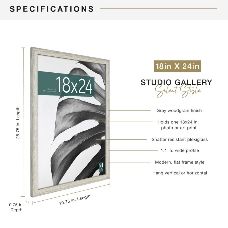 MCS Studio Gallery 18x24 Poster Frame Gray Woodgrain Engineered Wood, Vertical & Horizontal Wall Hanging Large Picture Frame for Photos, Posters & Art Prints (1-Pack) - Image 4